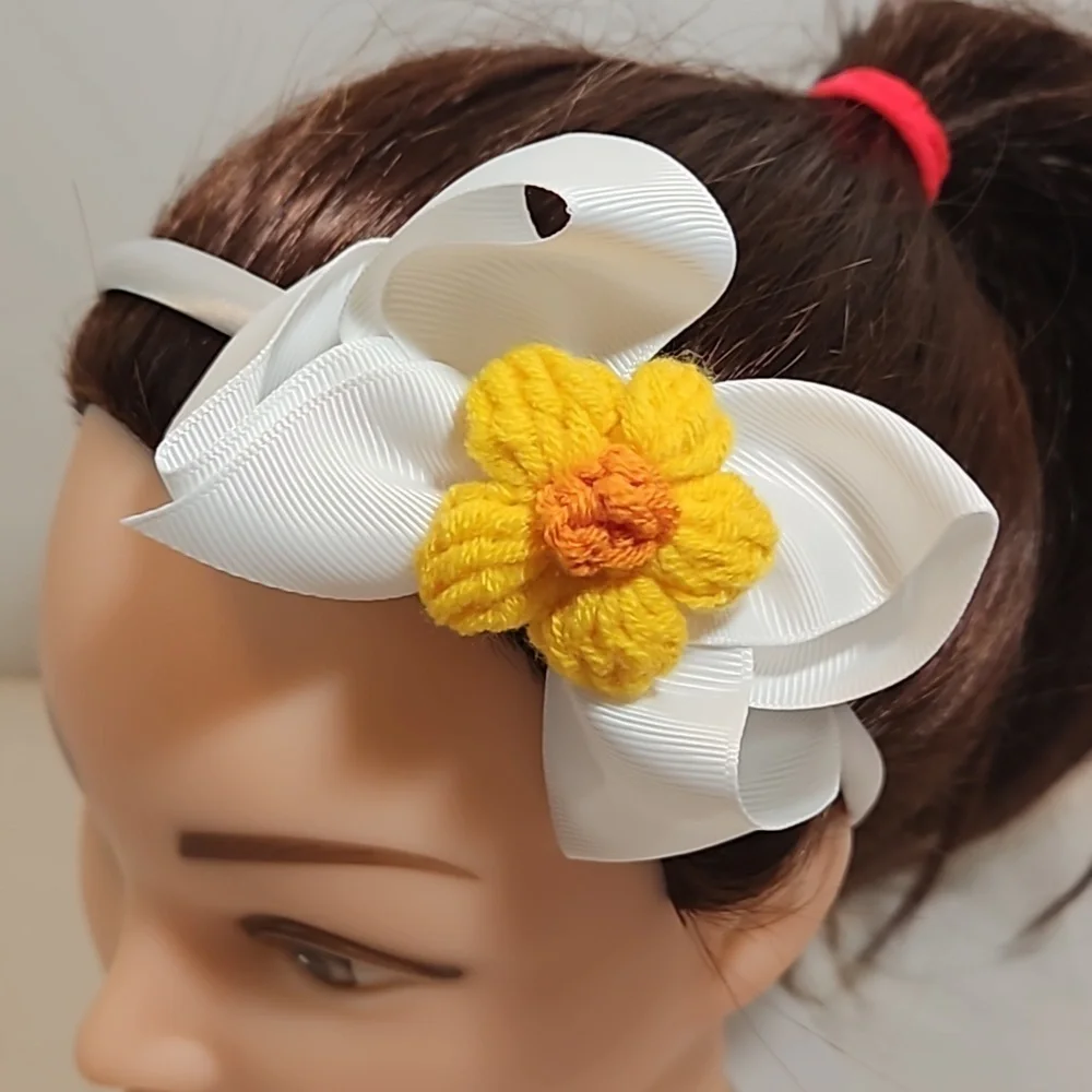 Hand Crafted White Bow Hairband Hand Knit Crochet Yellow Puffy Flower Coquette